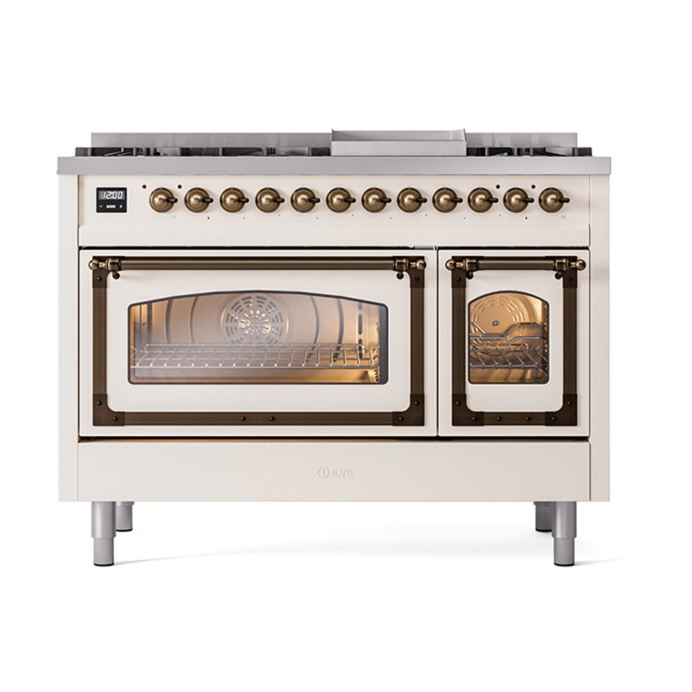 Freestanding range with antique white front, bronze knobs, and double ovens with viewing windows