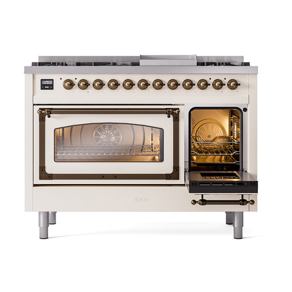 Antique white dual fuel range with left oven door open and right oven door closed