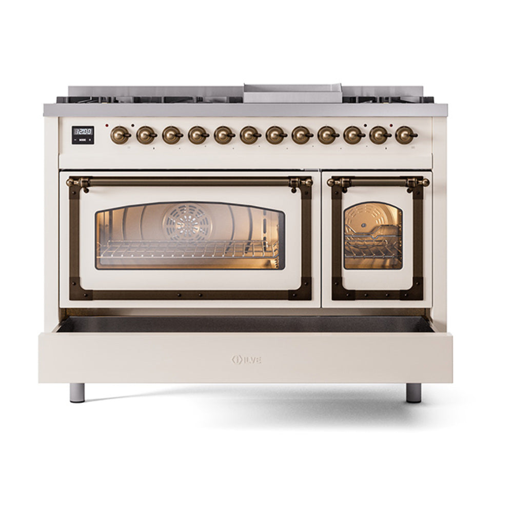 Antique white dual fuel range with storage drawer open at the base and ovens closed