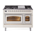 ILVE Nostalgie II Noblesse 48-Inch Freestanding Natural Gas Dual Fuel Range in Antique White with Chrome Trim (UN48FNMPAWC)