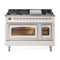 ILVE Nostalgie II Noblesse 48-Inch Freestanding Natural Gas Dual Fuel Range in Antique White with Chrome Trim (UN48FNMPAWC)