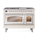 ILVE Nostalgie II Noblesse 48-Inch Freestanding Natural Gas Dual Fuel Range in Antique White with Chrome Trim (UN48FNMPAWC)