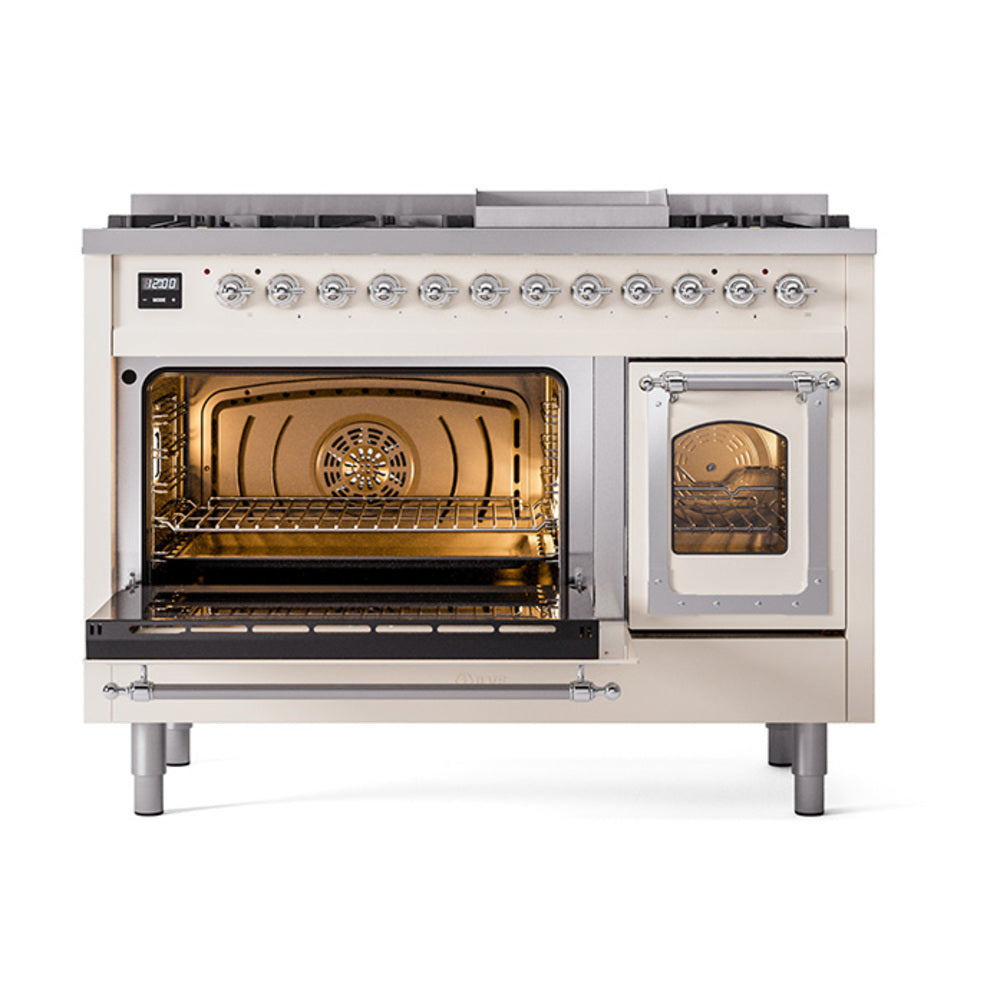 Antique white dual fuel freestanding range with left oven open and right oven door closed