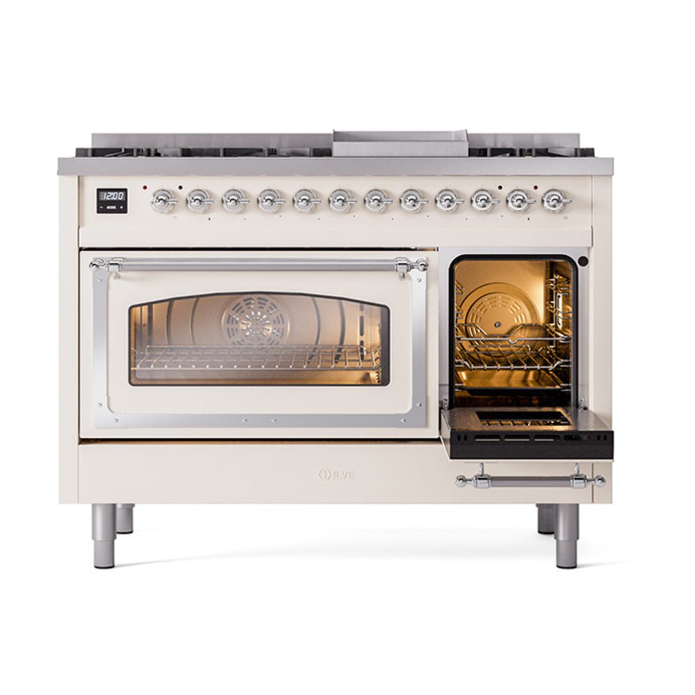 Antique white dual fuel freestanding range with right oven open and left oven door closed