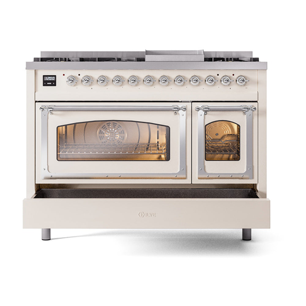 Antique white freestanding dual fuel range with both ovens open, front panel and burners visible