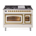 ILVE Nostalgie II Noblesse 48-Inch Freestanding Natural Gas Dual Fuel Range in Antique White with Brass Trim (UN48FNMPAWG)