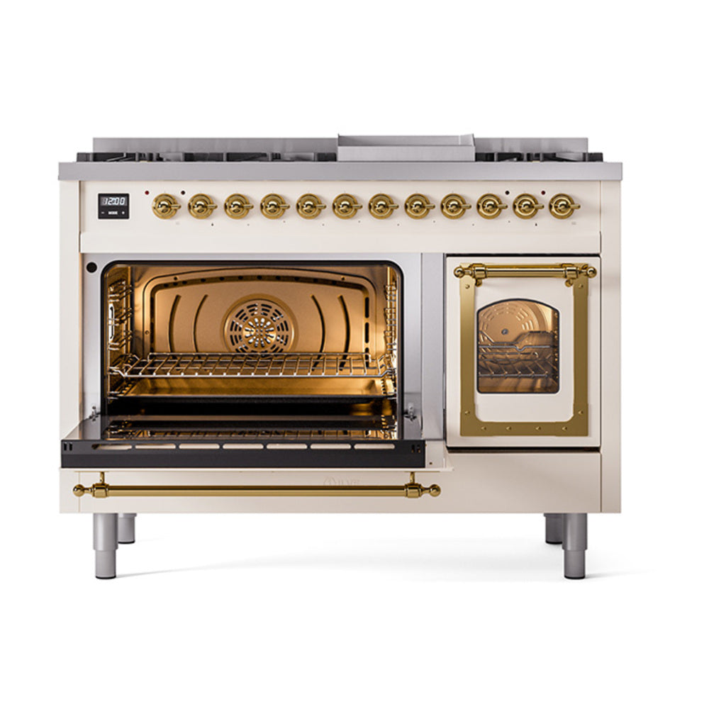 Freestanding dual fuel range in antique white; left oven open, right oven door with window.