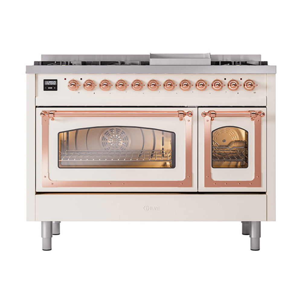 Dual fuel range with open ovens, antique white finish and copper trim