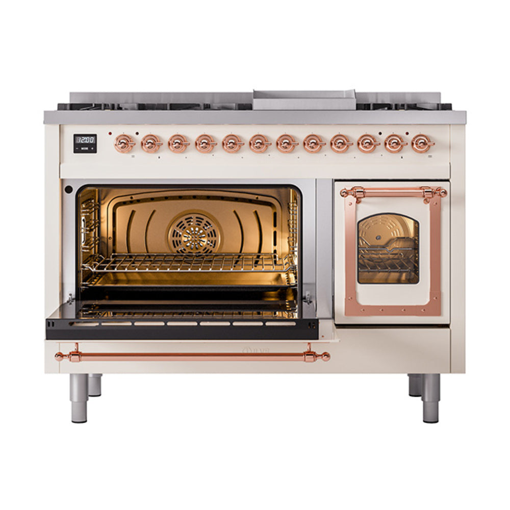 Antique white freestanding range with copper trim; left oven open, right oven door closed.