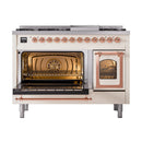 ILVE Nostalgie II Noblesse 48-Inch Freestanding Natural Gas Dual Fuel Range in Antique White with Copper Trim (UN48FNMPAWP)