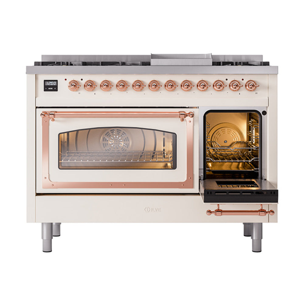 Antique white freestanding range with copper trim; left oven window open and right oven compartment open.