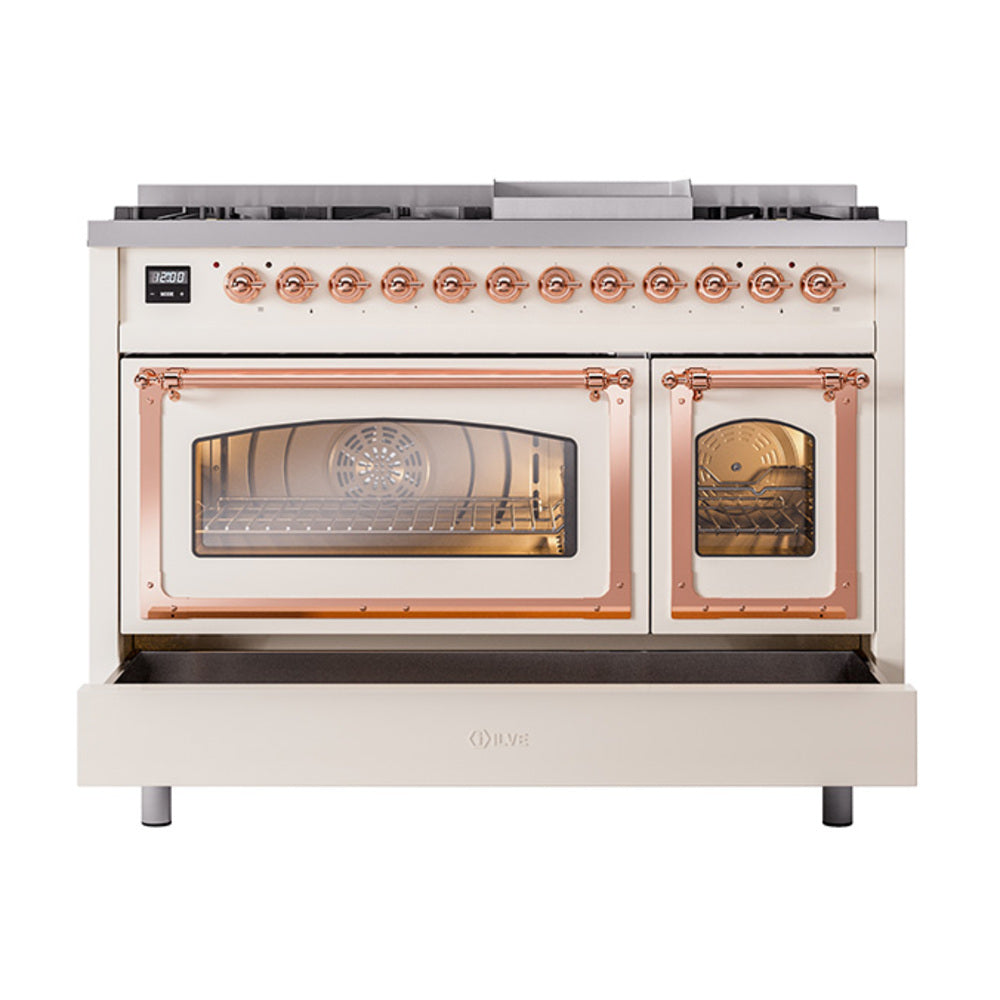Antique white freestanding range with copper trim; front oven doors open and storage area visible.