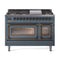 ILVE Nostalgie II Noblesse 48-Inch Dual Fuel Freestanding Range in Blue Grey with Bronze Trim (UN48FNMPBGB)