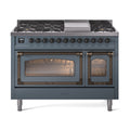 ILVE Nostalgie II Noblesse 48-Inch Freestanding Natural Gas Dual Fuel Range in Blue Grey with Burnished Bronze Trim (UN48FNMPBGB)