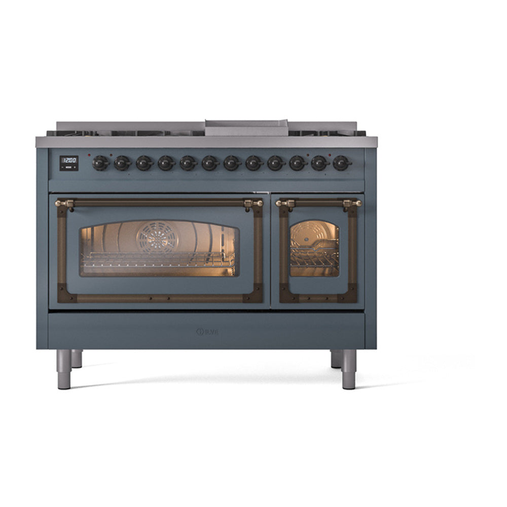 Freestanding dual fuel gas range with blue grey finish; oven windows show baking interior