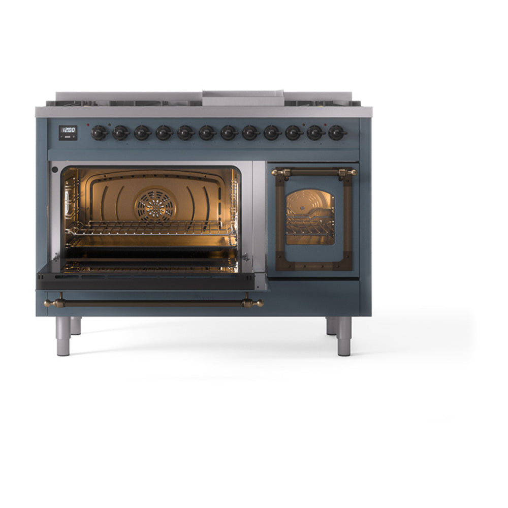 Blue grey freestanding dual fuel range with left oven open and right oven closed