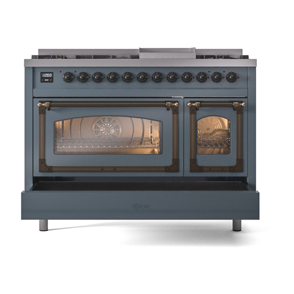 Freestanding dual fuel gas range front view in blue grey with bronze trim and burner knobs