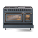 ILVE Nostalgie II Noblesse 48-Inch Freestanding Natural Gas Dual Fuel Range in Blue Grey with Bronze Trim (UN48FNMPBGB)