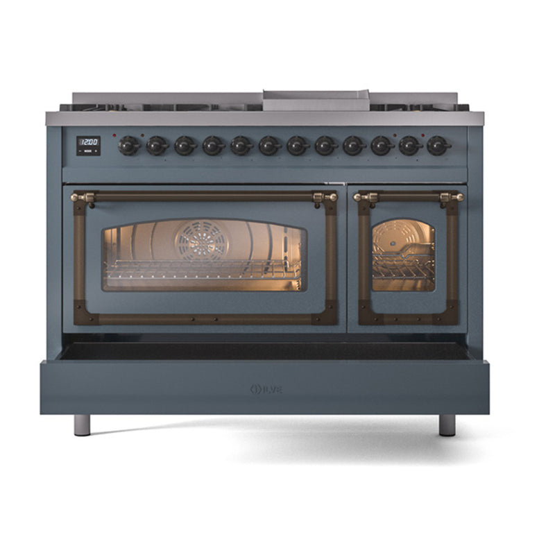 ILVE Nostalgie II Noblesse 48-Inch Dual Fuel Freestanding Range in Blue Grey with Bronze Trim (UN48FNMPBGB)