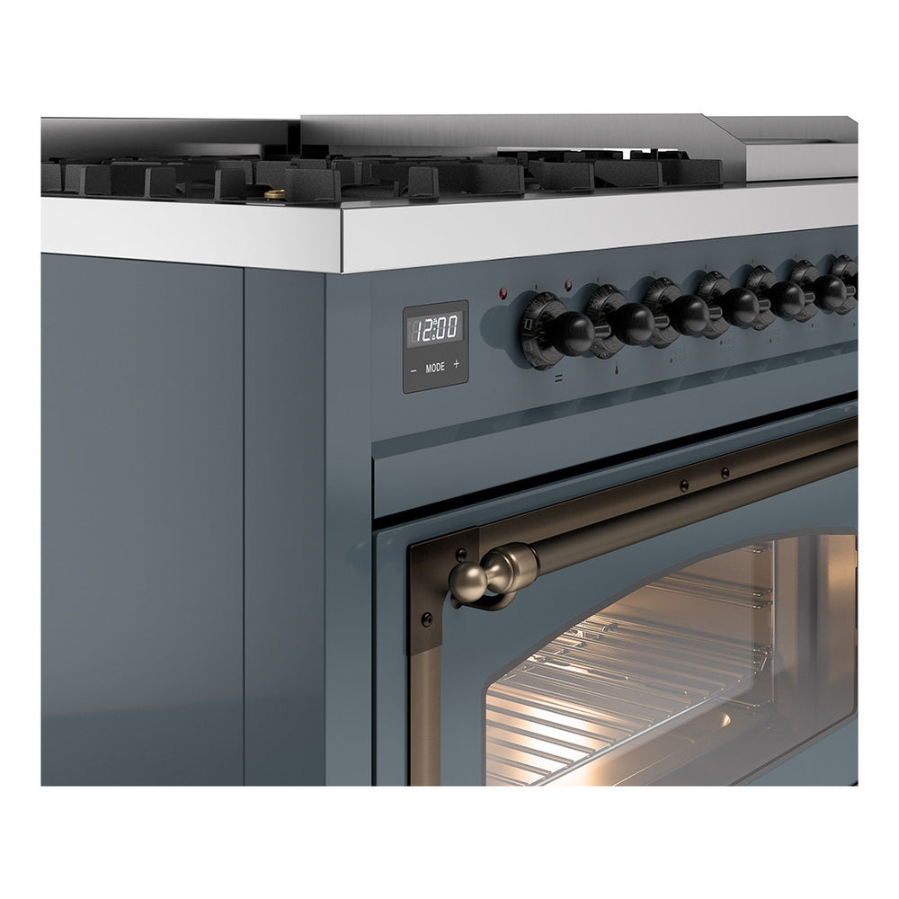Blue grey dual fuel range side view with control panel, knobs, and bronze oven handle