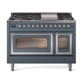 ILVE Nostalgie II Noblesse 48-Inch Freestanding Natural Gas Dual Fuel Range in Blue Grey with Chrome Trim (UN48FNMPBGC)