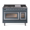 ILVE Nostalgie II Noblesse 48-Inch Freestanding Natural Gas Dual Fuel Range in Blue Grey with Chrome Trim (UN48FNMPBGC)