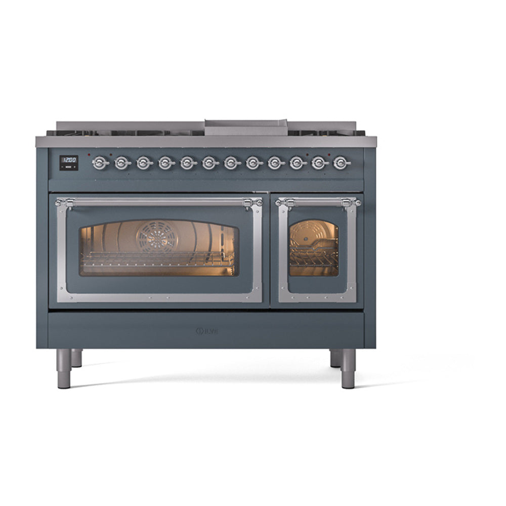 Blue grey dual fuel freestanding range with chrome-trimmed controls and two oven doors