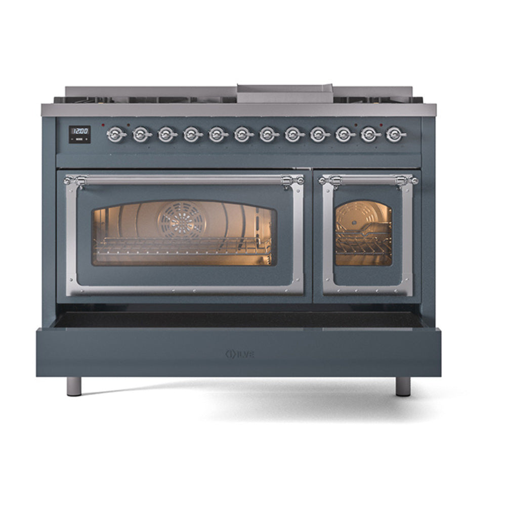 Freestanding dual fuel range, blue grey with chrome trim; both oven doors open