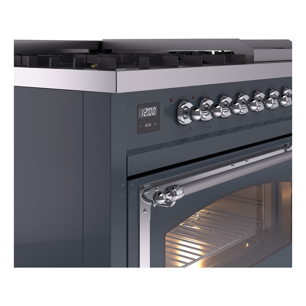 Close-up of blue grey dual fuel range control panel with knob row and oven handle