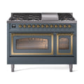 ILVE Nostalgie II Noblesse 48-Inch Freestanding Natural Gas Dual Fuel Range in Blue Grey with Brass Trim (UN48FNMPBGG)