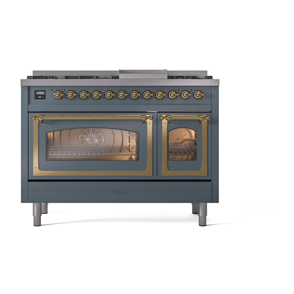 Blue grey freestanding range with brass knobs and closed doors; dual ovens visible through glass.