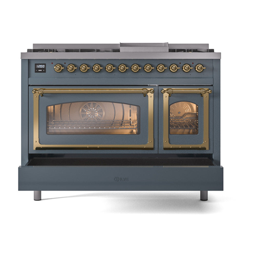 Front view of blue grey freestanding dual fuel range with brass trim and dual glass oven doors.