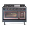 ILVE Nostalgie II Noblesse 48-Inch Freestanding Natural Gas Dual Fuel Range in Blue Grey with Copper Trim (UN48FNMPBGP)