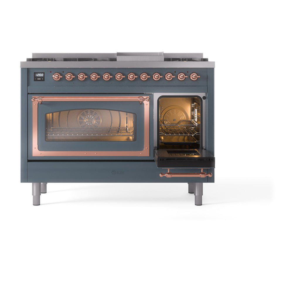 Blue gray dual-fuel freestanding range with copper-trimmed doors and lit right oven