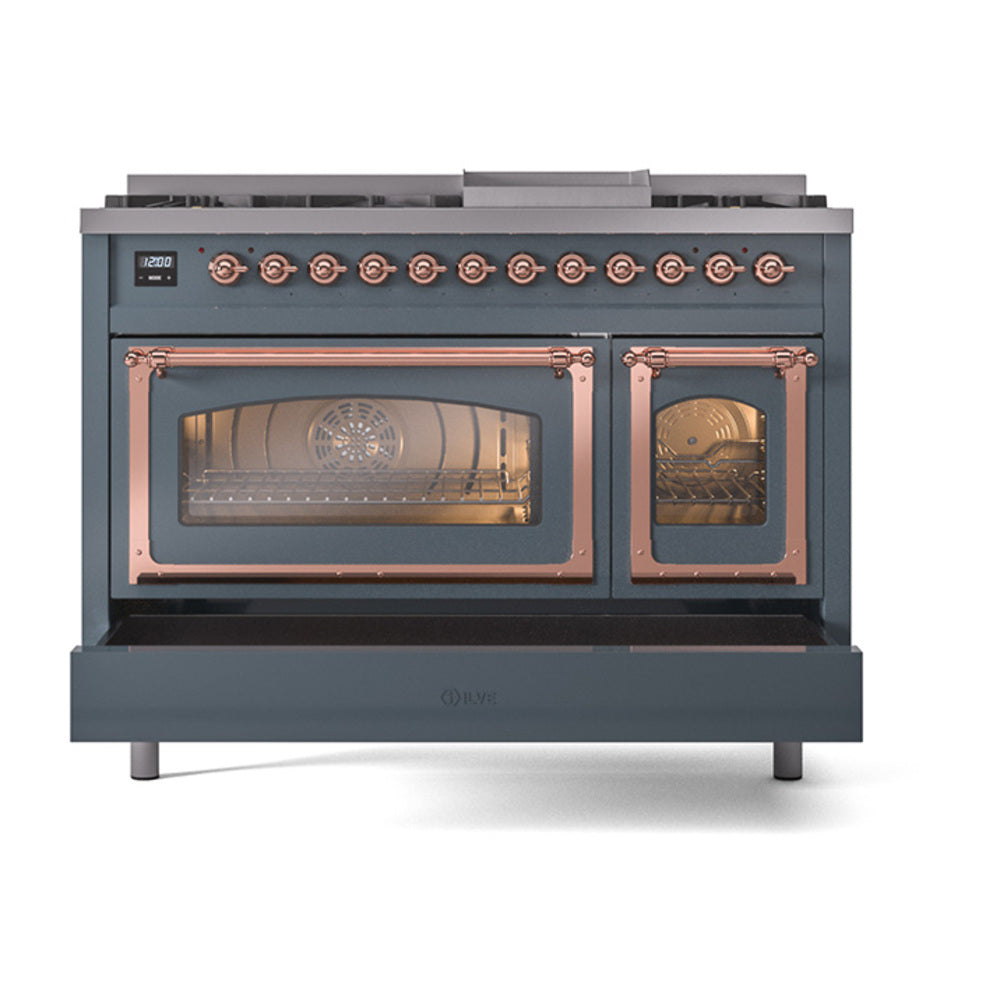 Front view of blue gray dual-fuel freestanding range with copper-trimmed oven handles