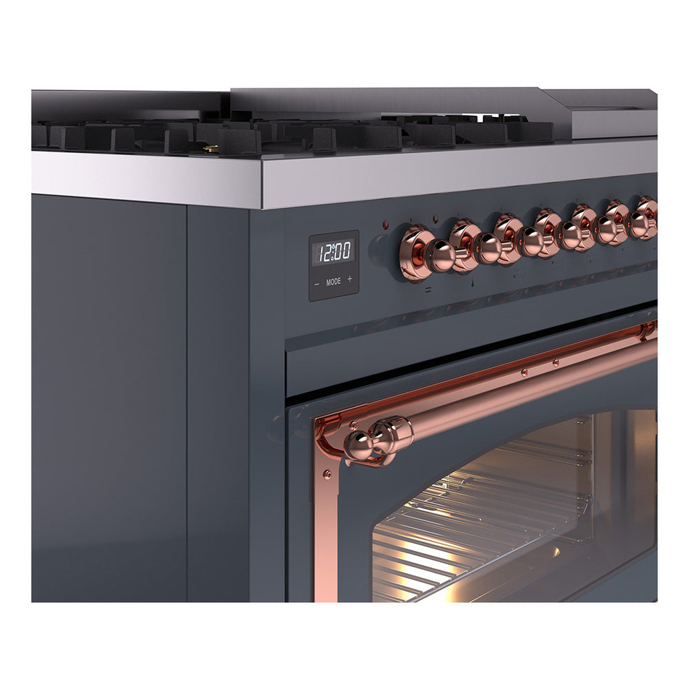 Blue-grey control panel with copper knob row, digital display, and copper oven handle