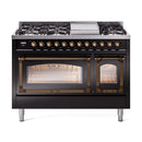 ILVE Nostalgie II Noblesse 48-Inch Dual Fuel Freestanding Range in Glossy Black with Bronze Trim (UN48FNMPBKBLP)