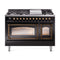 ILVE Nostalgie II Noblesse 48-Inch Dual Fuel Freestanding Range in Glossy Black with Bronze Trim (UN48FNMPBKB)