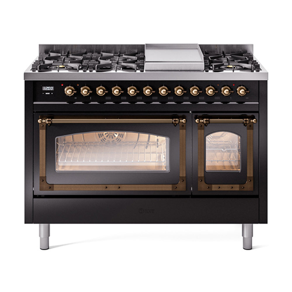 Glossy black freestanding dual fuel gas range with bronze burner knobs and control panel