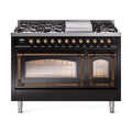 ILVE Nostalgie II Noblesse 48-Inch Freestanding Natural Gas Dual Fuel Range in Glossy Black with Burnished Bronze Trim (UN48FNMPBKB)