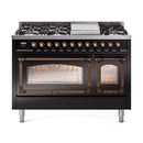 ILVE Nostalgie II Noblesse 48-Inch Freestanding Natural Gas Dual Fuel Range in Glossy Black with Bronze Trim (UN48FNMPBKB)