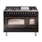 ILVE Nostalgie II Noblesse 48-Inch Freestanding Natural Gas Dual Fuel Range in Glossy Black with Bronze Trim (UN48FNMPBKB)