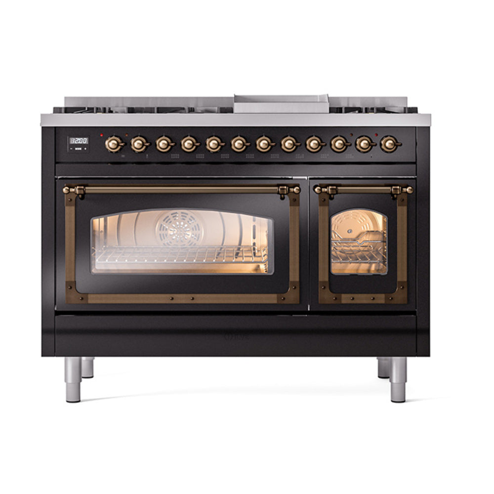 Glossy black dual fuel range with bronze knobs and two lit oven doors