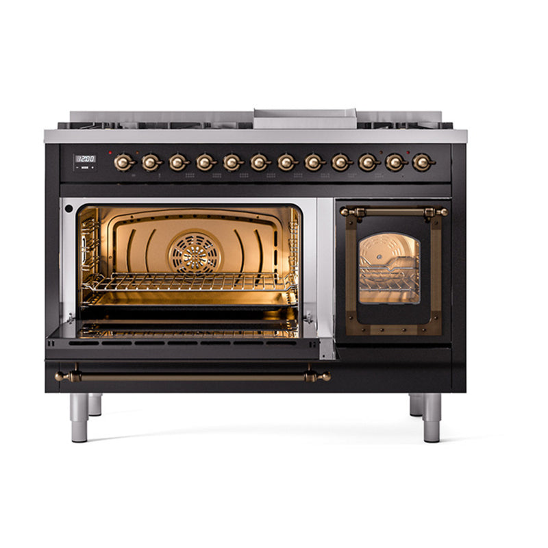 ILVE Nostalgie II Noblesse 48-Inch Dual Fuel Freestanding Range in Glossy Black with Bronze Trim (UN48FNMPBKB)