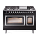 ILVE Nostalgie II Noblesse 48-Inch Dual Fuel Freestanding Range in Glossy Black with Chrome Trim (UN48FNMPBKCLP)