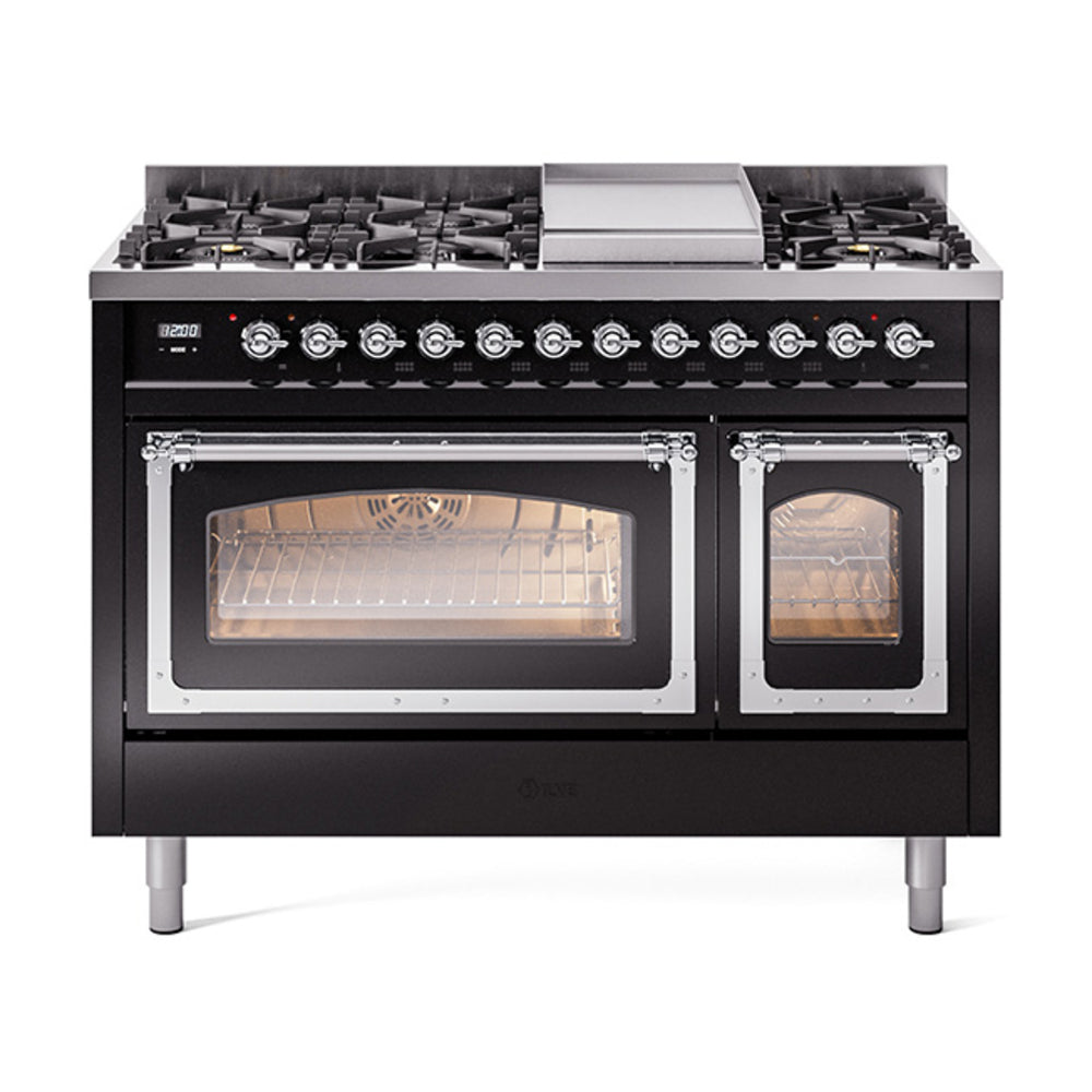 Glossy black ILVE dual fuel freestanding range with chrome trim, dual oven doors closed