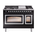 ILVE Nostalgie II Noblesse 48-Inch Freestanding Natural Gas Dual Fuel Range in Glossy Black with Chrome Trim (UN48FNMPBKC)