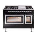 ILVE Nostalgie II Noblesse 48-Inch Freestanding Natural Gas Dual Fuel Range in Glossy Black with Chrome Trim (UN48FNMPBKC)