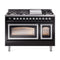 ILVE Nostalgie II Noblesse 48-Inch Freestanding Natural Gas Dual Fuel Range in Glossy Black with Chrome Trim (UN48FNMPBKC)
