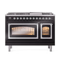 ILVE Nostalgie II Noblesse 48-Inch Dual Fuel Freestanding Range in Glossy Black with Chrome Trim (UN48FNMPBKCLP)